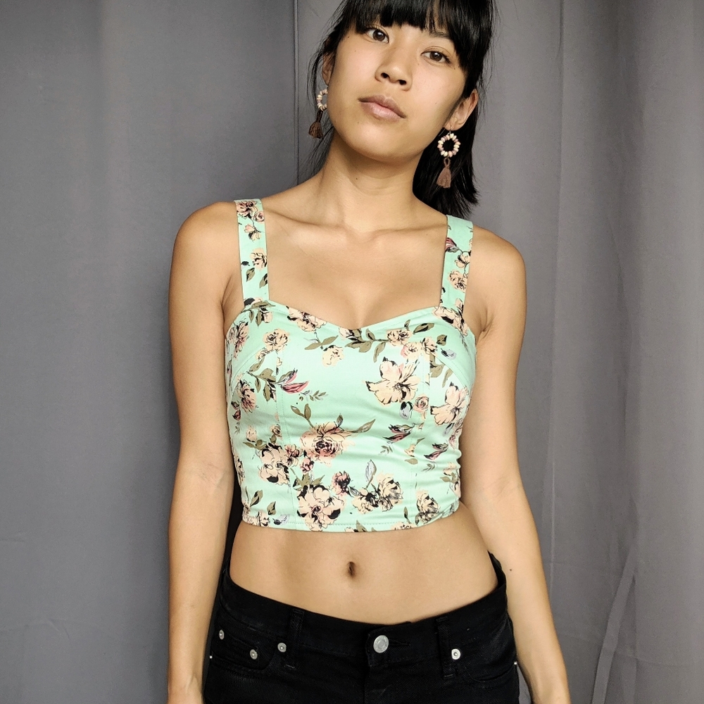 Teal and blush floral print bustier crop top